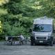 RV/van parked at a gravel campsite with picnic table and surrounding trees — useful view of RV pitching and site layout on the grounds.