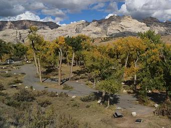 Looking down on Green River Campground from Cub Creek Road overlook.   Cottonwood trees are starting to turn yellow.