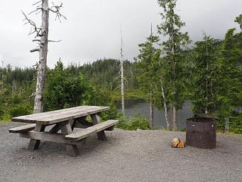Picnic table with lake and forest in background