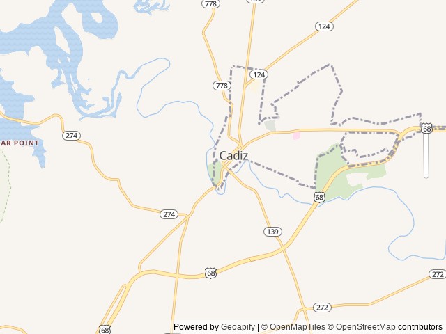 Map of Cadiz location at Grand Rivers, KY, United States