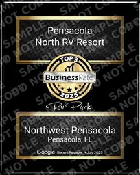 Entrance sign photograph identifying Pensacola North RV Resort on-site; useful for wayfinding and property ID (prominent sign image on homepage and gallery).