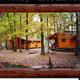 Cabin cluster among trees at the water’s edge — matches cabin rentals and lakeside setting described on the homepage and cabin rental pages (visual evidence of on-site cabins by a pond).