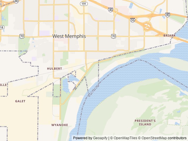 Map of Tom Sawyer's RV Park location at West Memphis, AR, United States