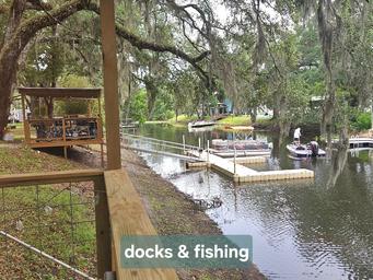Waterfront docks and fishing area on a narrow channel with park docks and boats visible — matches the site’s ‘docks-and-fishing’ image and shows on-site river access.