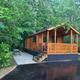 Exterior photo of a standalone cabin with concrete pad, picnic table and surrounding trees — useful for showcasing cabin rentals listed on the property’s cabins page.