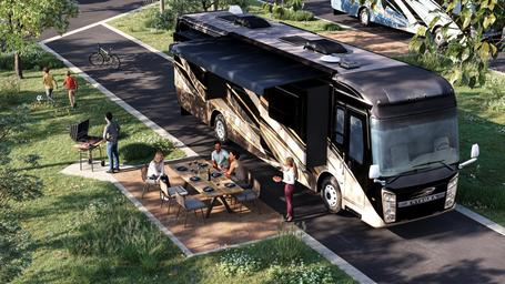 Close view of a large motorcoach on a paved pull-through site with patio — from the RV sites page, useful to show the RV accommodations and site layout for large rigs.