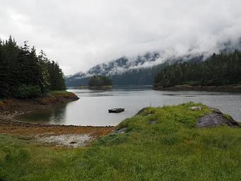 View of Berg Bay with canoe on a float 