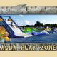 Framed image labeled 'AQUA PLAY ZONE' showing inflatable water play features on a pond — represents the campground's water play attraction shown in the site's gallery.