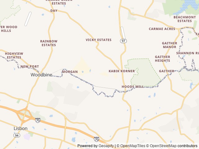 Map of Ramblin’ Pines Campground location at Woodbine, MD, United States