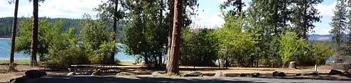 Beautiful campground along the shoreline. Trees and Lake in back ground.