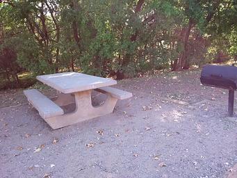 Picnic table and grill.