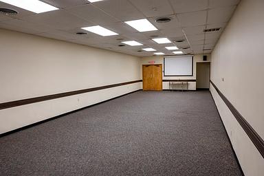 Interior view of the small conference room. Gray carpet flooring with 2 doors at the far end.  Ceiling mounted video screen on far end of room.