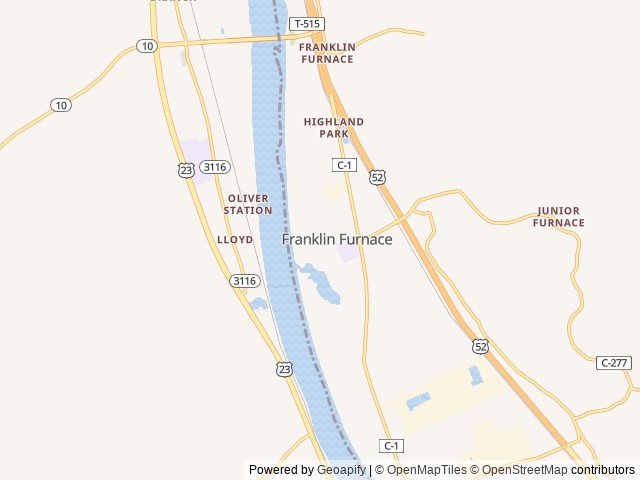 Map of Franklin Furnance / Ohio River KOA location at Pedro, OH, United States