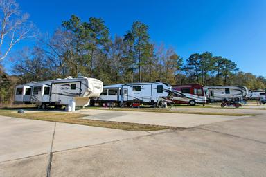 Wide-angle shot of multiple pull-thru/back-in RV sites and paved roads showing layout, landscaping and large rigs — strong overview of the park’s RV accommodations (from rates/gallery pages).