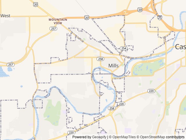Map of Fort Caspar Campground location at Mills, WY, United States