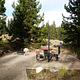 Picnic table, fire ring and grill set in the middle of a pine forest.