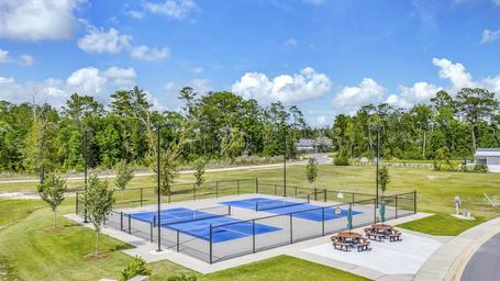 Photo of the pickleball courts and adjacent green space within the community — matches amenities listed on the Resort Amenities page and shows recreational facilities.