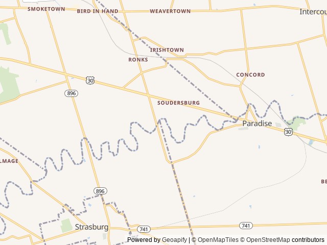 Map of Mill Bridge Village and Camp Resort location at Pennsylvania 17572, PA, United States