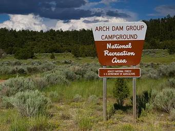 Sign for the group camground area in a location with green grasses, sagebrush, and pine trees in the background. 