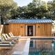 Serana saltwater pool and pool house under oak trees