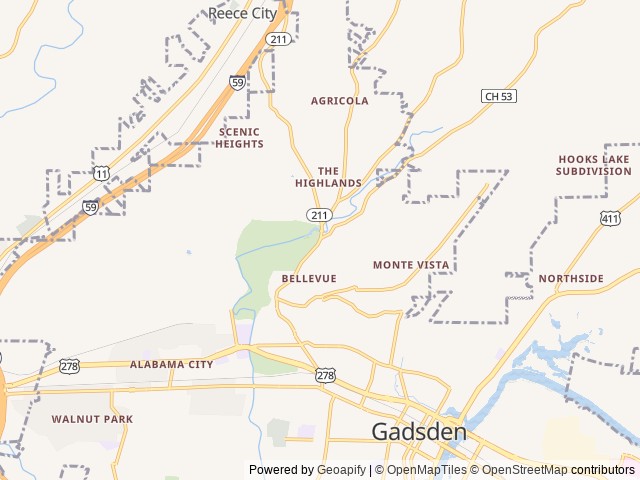 Map of Noccalula Falls Park and Campground location at Gadsden, AL, United States