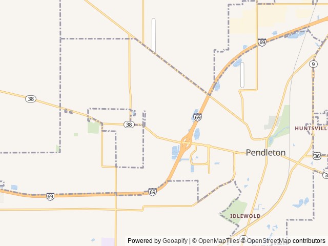 Map of Mystic Waters Family Campground location at Pendleton, IN, United States