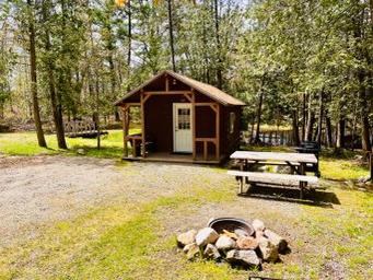 Cozy cabin beside picnic tables and a fire pit in the woods.