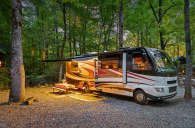 Staged RV at a gravel site with picnic table and hookups visible — directly illustrates the RV & Tent Sites shown in the site’s RV section.