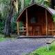 Cozy wooden cabin in a lush forest setting with a picnic table nearby.