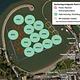 Graphic map of Aquatic Park Cove showing circles or suggestions where boats might anchor.