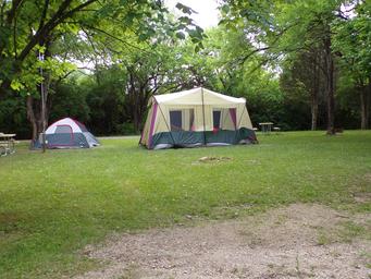 Tent camping area on grassy, treed site with picnic table and fire ring — illustrates tent campsites and natural setting (ways to stay photo).