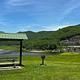 Covered picnic tables on the abutment of Townshend Dam