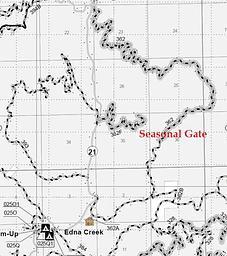 A map edited to show the location of Beaver Creek cabin and a seasonal gate.