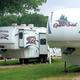 Row of RVs on gravel/grass pads illustrating typical RV sites and hookups; labeled on the page as RV sites so directly relevant.