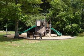 A small playground nestled in the trees and surrounded by manicured grass.