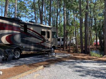 Close view of a motorcoach parked at a gravel site among pine trees — shows RV pitch layout, hookups and site setting.