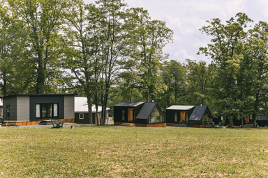 Wide shot showing several cabins spread across an open grassy area with trees — gives an overview of cabin cluster and grounds, helpful for a property gallery.