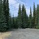 Campsite with graveled parking area in the foreground, and picnic tables surrounded by tall conifer trees in the background