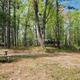 RV parked at a peaceful wooded campsite with tall trees, sunlight filtering through the leaves, and a gravel road leading into the forest, ideal for nature camp