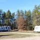 Daytime photograph of campground showing RV sites, picnic table, fire ring and utility pedestal — clear view of typical RV pitches. Source: homepage slideshow (homepage image of on‑site RVs).