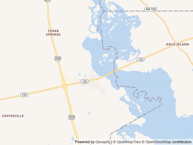 Map of Lake O Pines RV Park, Marina & Inn location at Winona, TX, United States