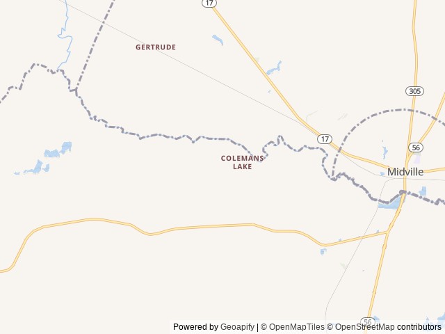 Map of Coleman Lake Campground location at Midville, GA, United States