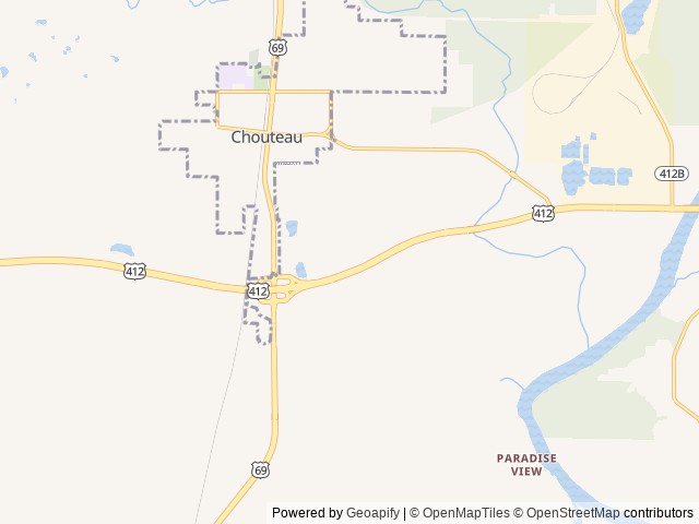 Map of Pops RV Park and Storage location at Chouteau, OK, United States
