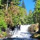View of Alsea Falls looking head on. The falls are central with water running over rocks of varying sizes. The scene is surrounded by green trees and shrubs and a bright blue sky. 