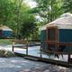 Yurts on raised platforms in a wooded campsite setting — from the Yurt/accommodation gallery, useful to show alternative lodging options on the property.