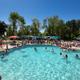 Clear wide photo of the campground pool area with people, umbrellas, RVs and trees in the background — matches the site’s amenities/gallery and provides a strong visual of an on-site facility (page header/gallery context).