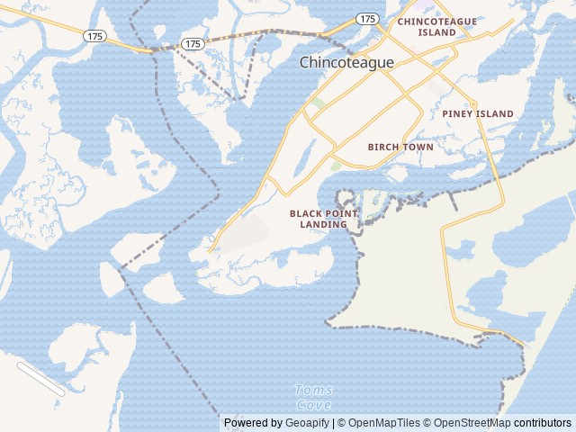Map of Tom's Cove location at Chincoteague, VA, United States