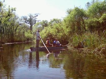 Punt/canoe tour on a marsh waterway with guests — aligns with the site's 'Guided Tours' content and illustrates activities offered from the campground.