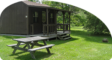 Photograph of a small rustic cabin with picnic table on grass — clearly shows on-site cabin accommodation offered by the property (appears on the campground’s cabin/cottage section).