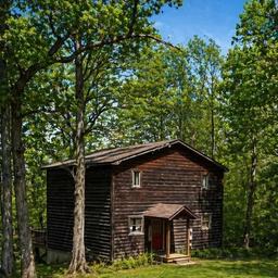 Wooden cabin/lodging on wooded grounds — useful to illustrate on-site lodging options and appears in the property’s lodging section context.